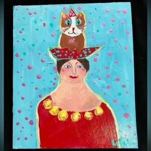 “Companions”Original Acrylic Painting 12”x10”on Birchwood  Lady &Cat Handmade